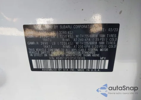 2023 Subaru Outback Touring Xt из США, поврежденный, VIN 4S4BTGPD2P3178305